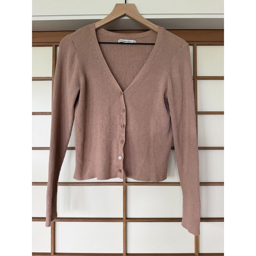Abercrombie & Fitch L Taupe Brown Ribbed V-Neck Button Cardigan Sweater